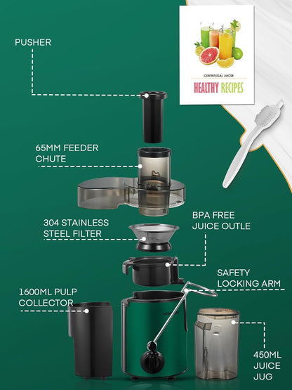 Juicer Machines, HOUSNAT Juicer Whole Fruit and Vegetables with 3-Speed Setting, 400 W Motor Quick Juicing Ideal for Beginners & Light Daily Use, Cleaning Brush and Juicing Recipe Included