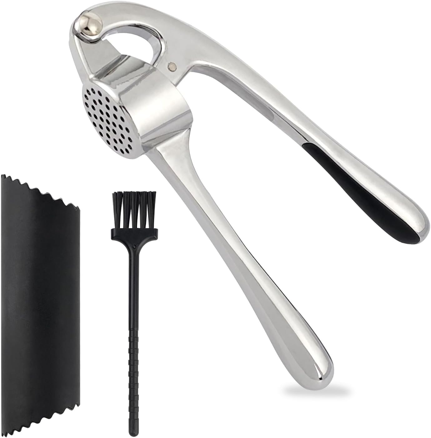 Garlic Press Set - Stainless Steel Press, Easy-Peel Silicone Tool & Brush, Ergonomic Handle for Effortless Mincing, Rust-Proof & Dishwasher Safe for Kitchen Use
