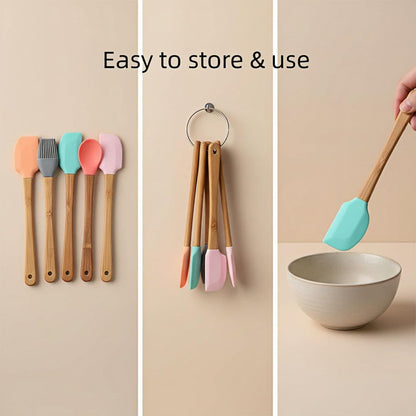 Silicone Mini Spatula,Small Spatulas for Kitchen Use,Rubber Scraper Heat Resistant Silicone Spatula Set Non-Stick Baking Utensils For Baking,Cooking & Stir -Bamboo Handle (5 Colorful)