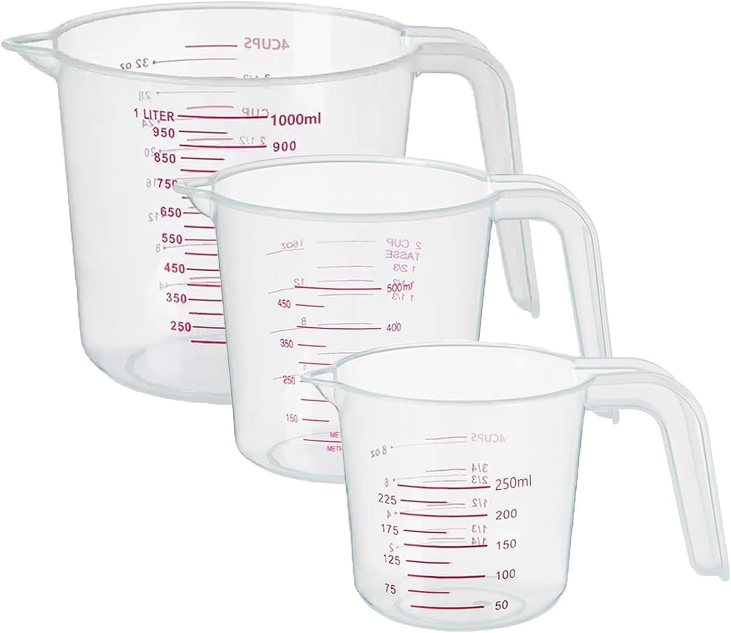 3 Pack Measuring Cup Set, Includes 250Ml (1-Cup), 500Ml (2-Cup) and 1000Ml (4-Cup) Plastic Liquid Measuring Cups- Baking, Cooking, Mixing & Measuring Cups, Essential Kitchen Tools