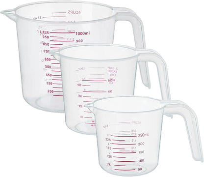 3 Pack Measuring Cup Set, Includes 250Ml (1-Cup), 500Ml (2-Cup) and 1000Ml (4-Cup) Plastic Liquid Measuring Cups- Baking, Cooking, Mixing & Measuring Cups, Essential Kitchen Tools