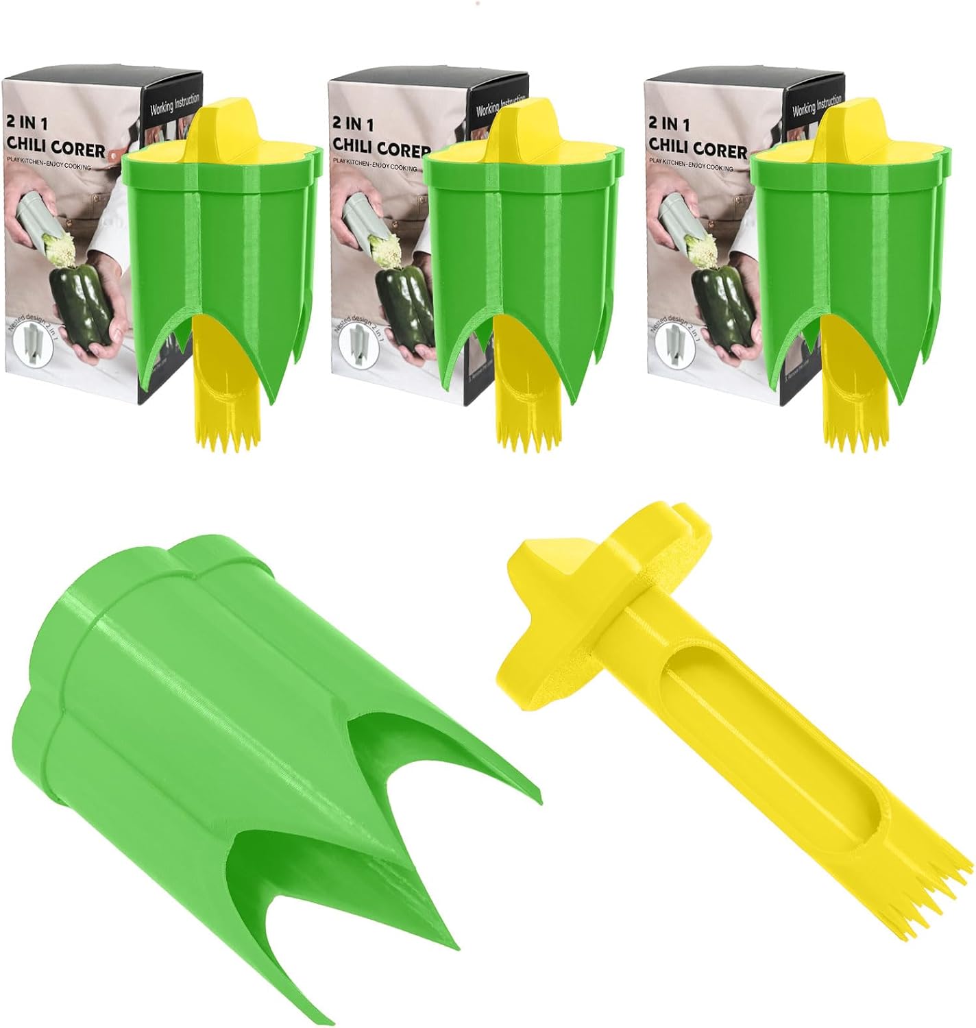 Pepper Corer, 2 in 1 Red Bell Pepper Seed Corer Remover Tool, Fruit & Vegetable Corers Quick Cave Tools for Jalapeno Cutter Deseeder, Green