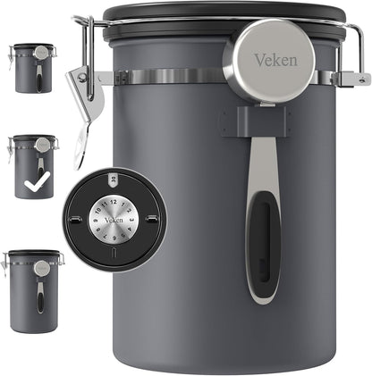 Veken Coffee Canister, Airtight Stainless Steel Kitchen Food Storage Container with Date Tracker and Scoop for Beans, Grounds, Tea, Flour, Cereal, Sugar, Cookie, 16OZ, Cream