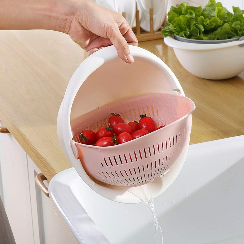 Double Layer Swivel Drainer 2 in 1 Bowl Strainer Combo - Kitchen Colander Fruit Wash Strainer for Cleaning Veggies, Noodles (Beige)