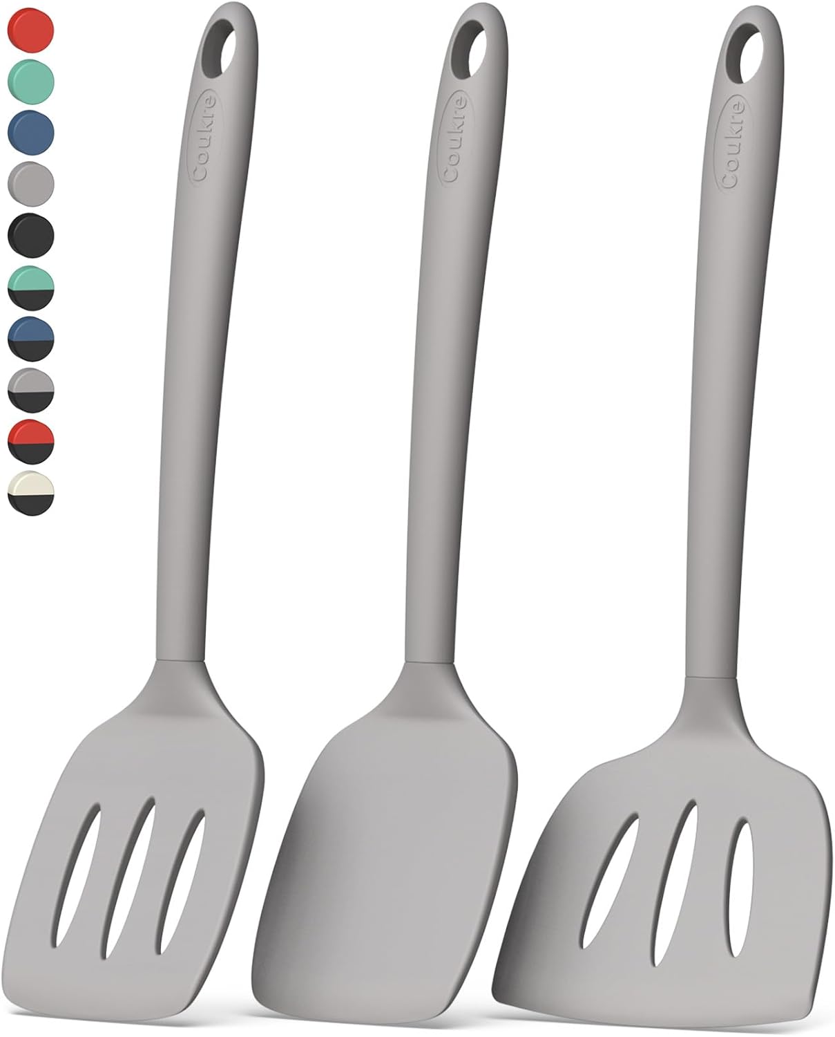 Coukre 3 Pack Silicone Spatula Set, High Heat Resistant, BPA-Free, Fish Spatula, Solid & Slotted Turner for Non-Stick Pans, Flipping Eggs, Pancakes, Fish, Burgers (3, PureBlack)