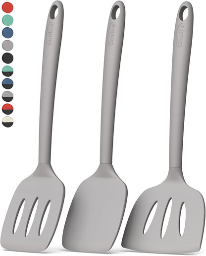 Coukre 3 Pack Silicone Spatula Set, High Heat Resistant, BPA-Free, Fish Spatula, Solid & Slotted Turner for Non-Stick Pans, Flipping Eggs, Pancakes, Fish, Burgers (3, PureBlack)