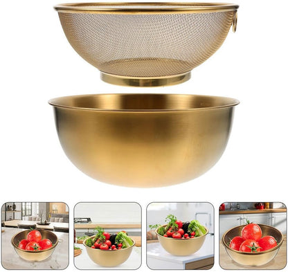 Amosfun Stainless Steel Colander Rice Strainer With Mixing Bowl - Rice Filter Basket Washing Bowl Space-saving Design Easy to Use