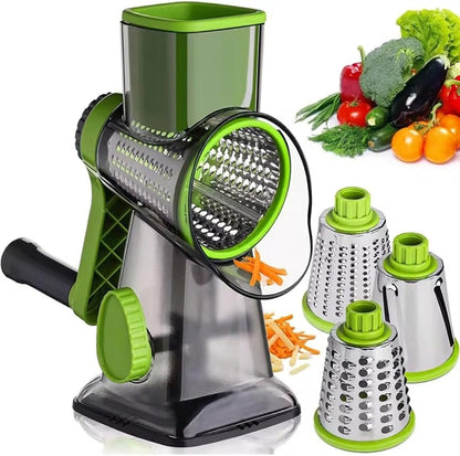 Rotary Cheese Grater with 3 Stainless Steel Blades – Manual Cheese, Vegetable, Nuts Slicer & Shredder with Strong Suction Base, Round mandoline slicer & Food Chopper - Hand Crank Grater with Handle