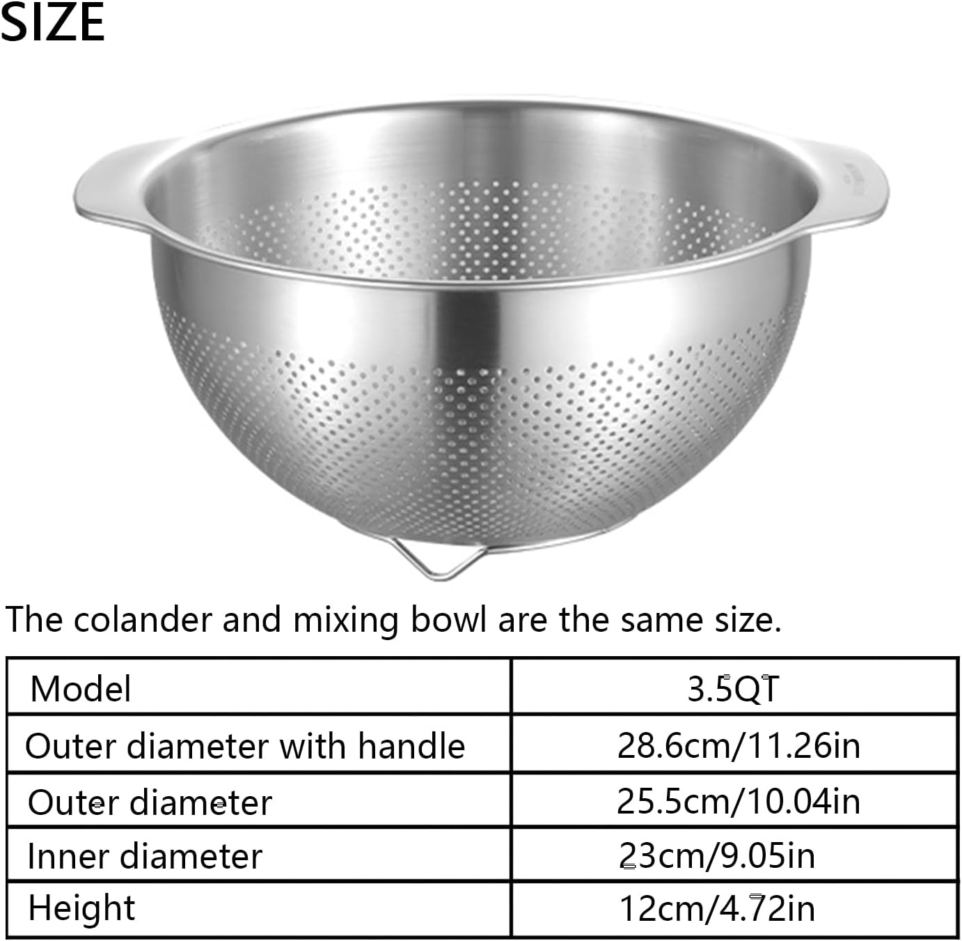 18/8 Stainless Steel Microwell Colander, 2.5QT Large Capacity with Handle Kitchen Food Strainer Basket for Washing Vegetables, Fruits, Rice, and Pasta (primary colour, 2.5QT)