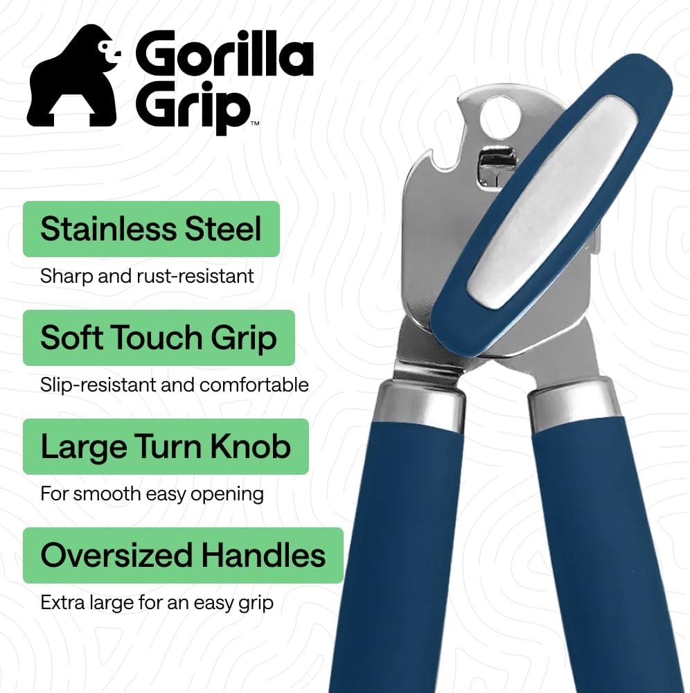 GORILLA GRIP Heavy Duty Stainless Steel Smooth Edge Manual Can Opener and Bottle Openers, US Designed, Soft Comfortable Handle, Oversized Handheld Turn Knob, Multifunctional Kitchen Tool, Black