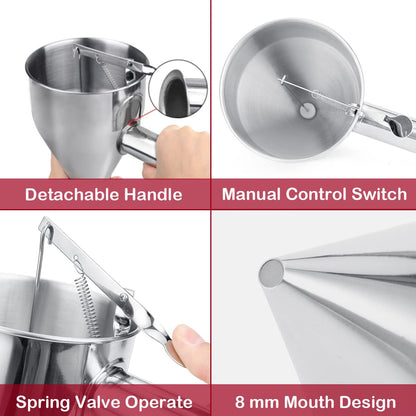 KAYCROWN Pancake Batter Dispenser, 1200ml Stainless Steel Funnel Cake Dispenser with Stand and Basting Brush, Great for Cupcakes, Waffles, takoyaki or Any Baked Goods, Batter Funnel Dispenser