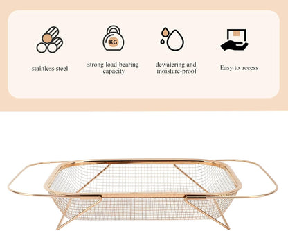 Over the Sink Colander, Expandable Baskets with Fine Mesh Strainer Handle Stainless Steel Rectangle Kitchen Colanders for Strain Drain Rinse Fruits Vegetables Pasta New Home Essentials (Gold)