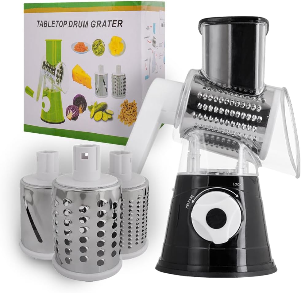 Rotary Cheese Grater, Manual Hand Crank Cheese Shredder with 3 Stainless Steel Drum Blades, Vegetable Slicer for Potato Nuts Chocolate, Easy Clean Kitchen Grater, Compact Black Design