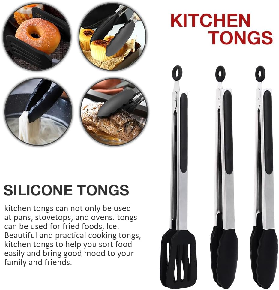 Mini Silicone Serving Tongs Set of 3, Small Kitchen Tongs (7 inch) with Silicone Tips and Stainless Steel Handle, Cooking Tongs for Salads, Pasta, Steaks, Vegetables