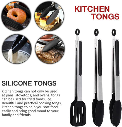 Mini Silicone Serving Tongs Set of 3, Small Kitchen Tongs (7 inch) with Silicone Tips and Stainless Steel Handle, Cooking Tongs for Salads, Pasta, Steaks, Vegetables