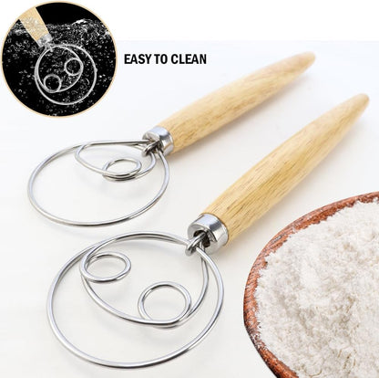 2 Pcs Rustproof Stainless Steel Ring Danish Dough Whisk, Wooden Bread Whisk, 13 inches Dutch Whisk for Cooking, Blending Whisking Stirring Sourdough Cake Pizza Pastry Biscuits Bread