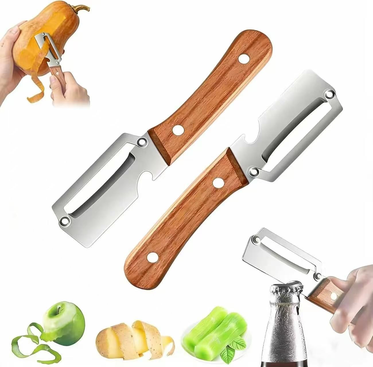 Premium Vegetable Peeler, 2026 New 2 in 1 Multi Functional Vegetable Peeler with Bottle Opener and Wooden Handle Stainless Steel Blade Kitchen Tool(2PCS)