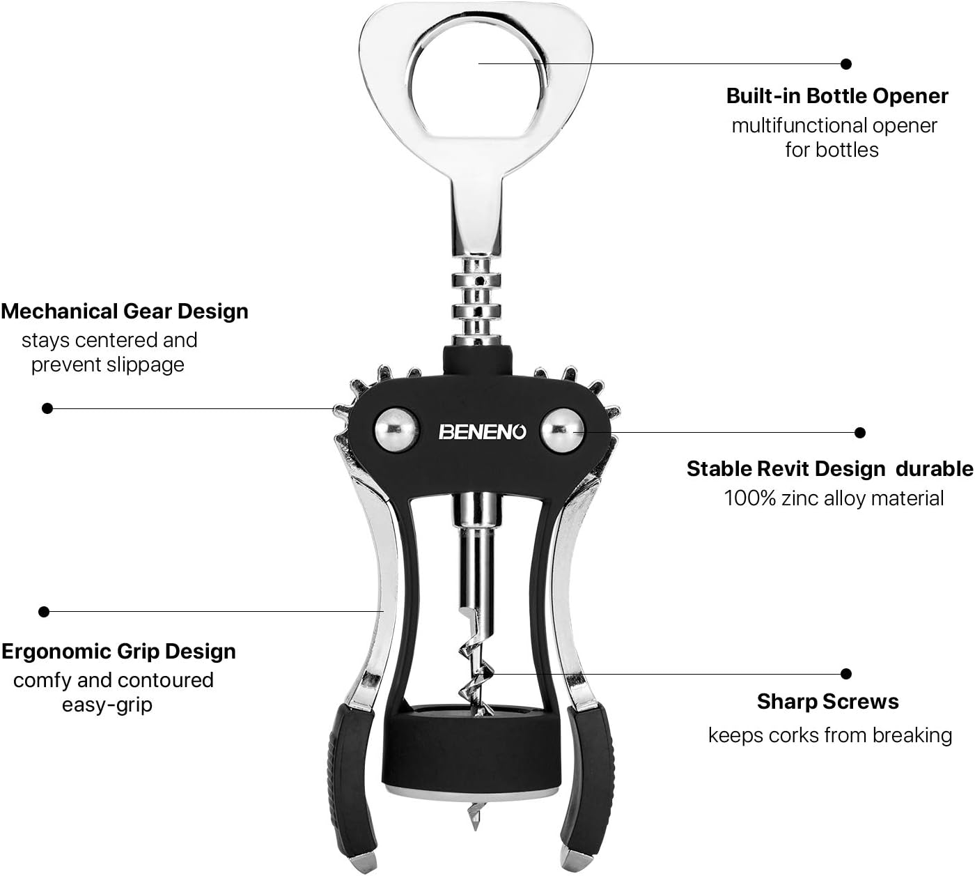 Beneno Wine Opener, Zinc Alloy Premium Wing Corkscrew with Multifunctional Bottles Opener, Sharp Wine Corkscrew with Ergonomic Non-Slip Wing Handle, Silver