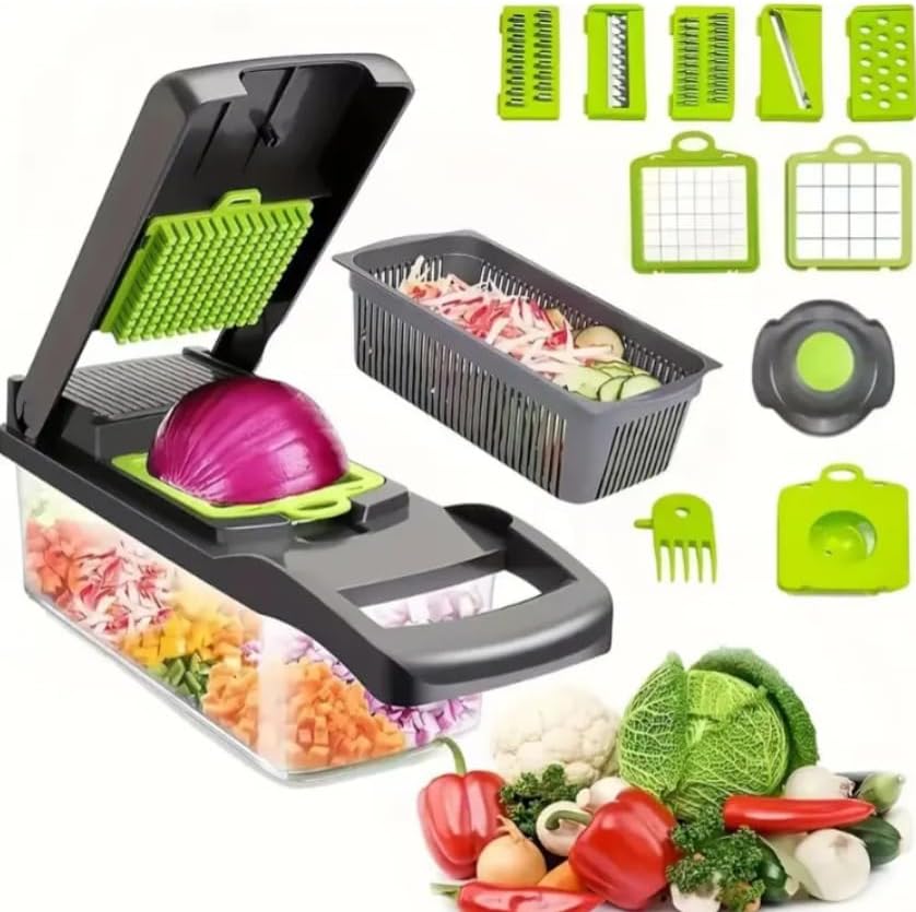 16 in 1 Vegetable Chopper, Fruit Vegetable Slicer, Onion Dicer, Food Chopper with Container, Vegetable Cutter & Spiralizer for Onion Salad (Home Essential Gadget & Kitchen)