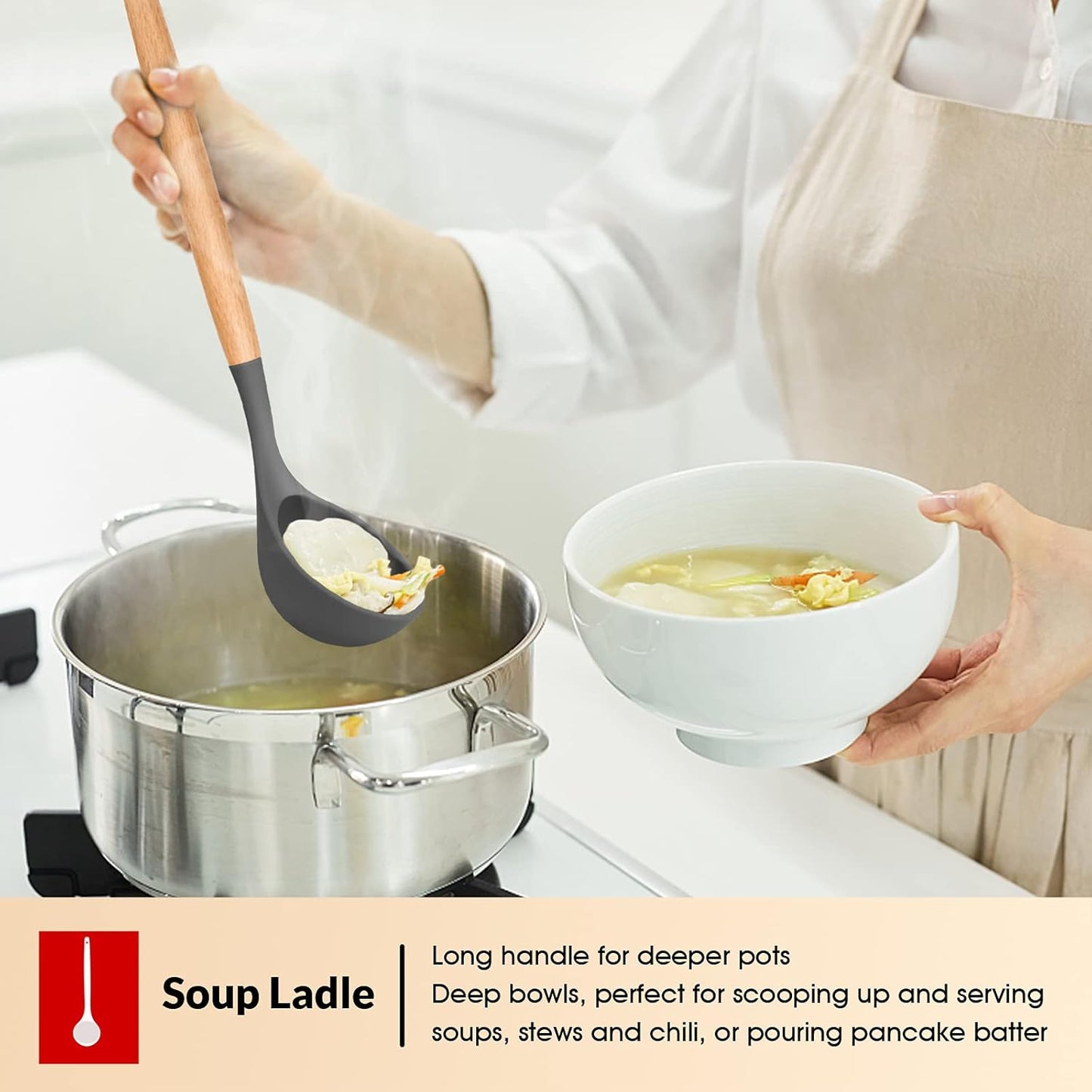 E-far Cooking Utensils Set of 6, Silicone Kitchen Utensils with Wooden Handle, Non-stick Cookware Friendly & Heat Resistant, Includes Spatula/Ladle/Slotted Turner/Serving Spoon/Spaghetti Server(Khaki)