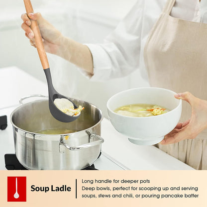 E-far Cooking Utensils Set of 6, Silicone Kitchen Utensils with Wooden Handle, Non-stick Cookware Friendly & Heat Resistant, Includes Spatula/Ladle/Slotted Turner/Serving Spoon/Spaghetti Server(Khaki)