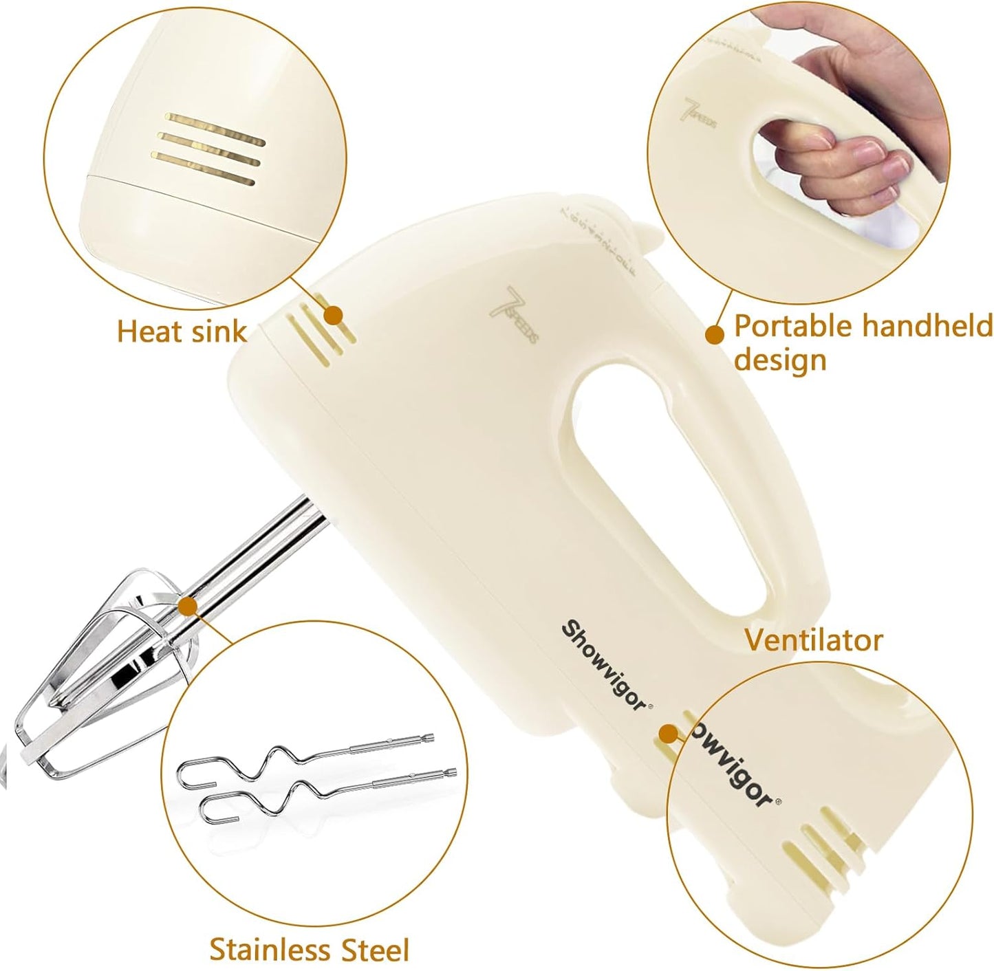 Showvigor Electric Hand mixer - 7 Adjustable Speed 180W Handheld Mixer Electric Whisk with 5 Stainless Steel Accessories, Turbo Boost/Self-Control Speed + Eject Button Food Beater for Cakes Eggs