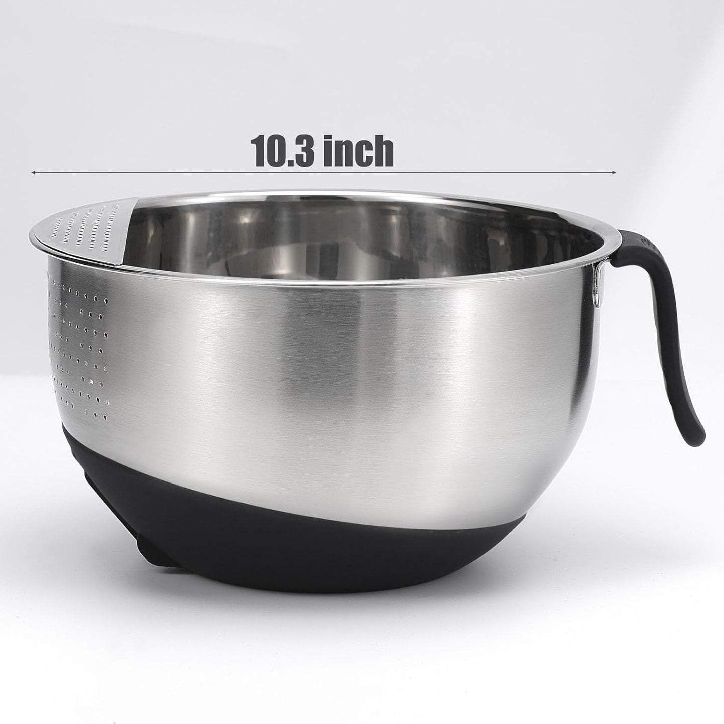 Rice Washer Strainer Bowl Quinoa Washing Bowl whit Handle Stainless Steel Colander Versatile Side Drainers for Cleaning Rinsing Fruits, Vegetables, and Beans - Tilting Non-slip Silicone Bottom