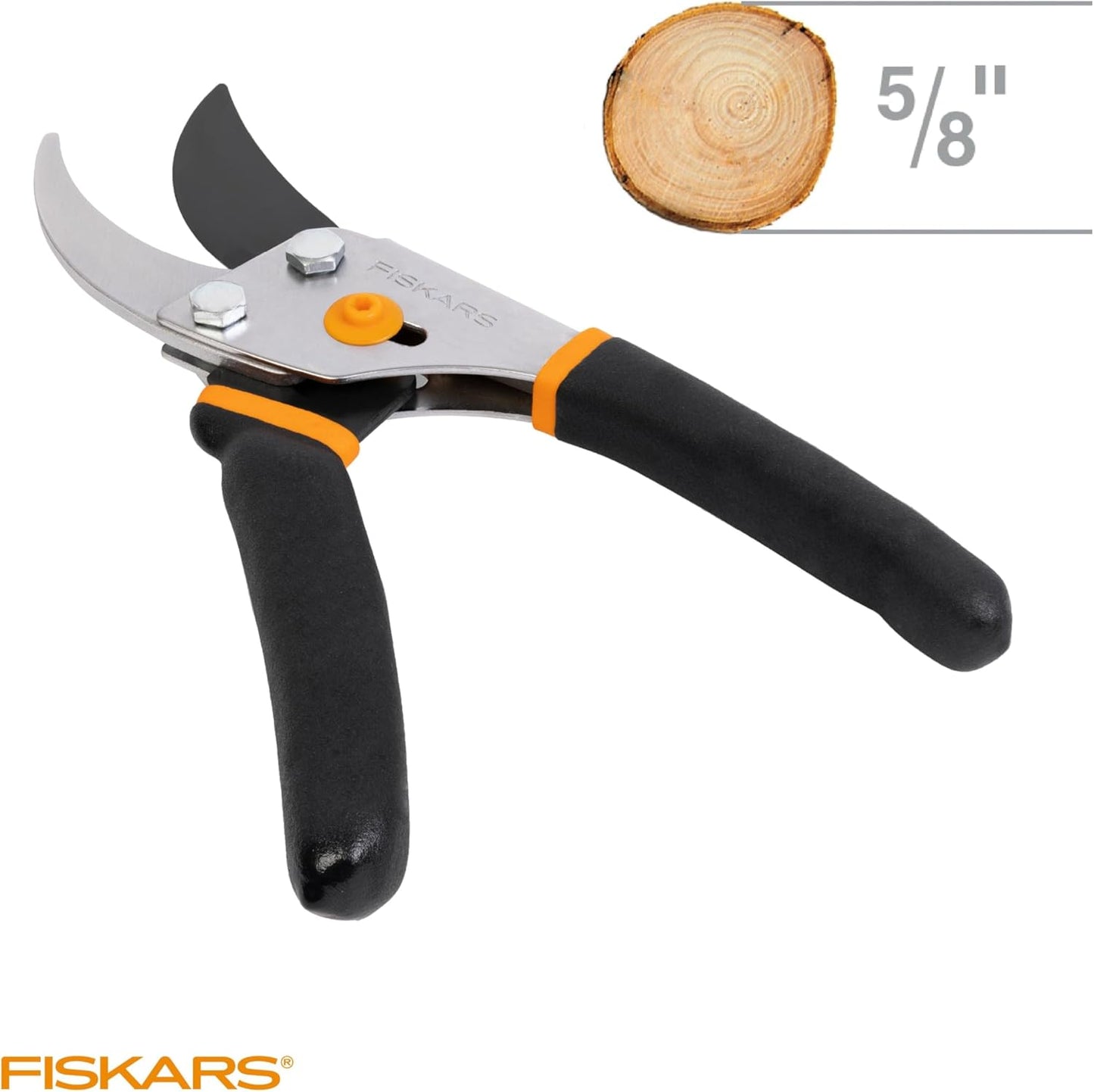 Fiskars Bypass Pruning Shears, 5/8" Cut Capacity Gardening Scissors, Self-Cleaning Sap Groove Prevents Sticking, Non-Slip Grip for Cutting Stems & Branches, Sharp Steel Blades w/ Low-Friction Coating