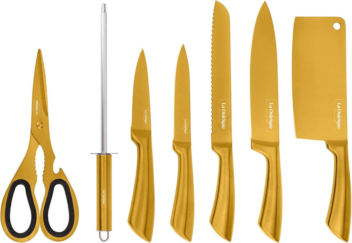 Luxury Gold Kitchen Accessories Set – Super Sharp Pizza Cutter Wheel, Garlic Press Rocker, Y Peeler, Serrated Pie & Cake Server – Premium Titanium-Coated Stainless Steel Flatware