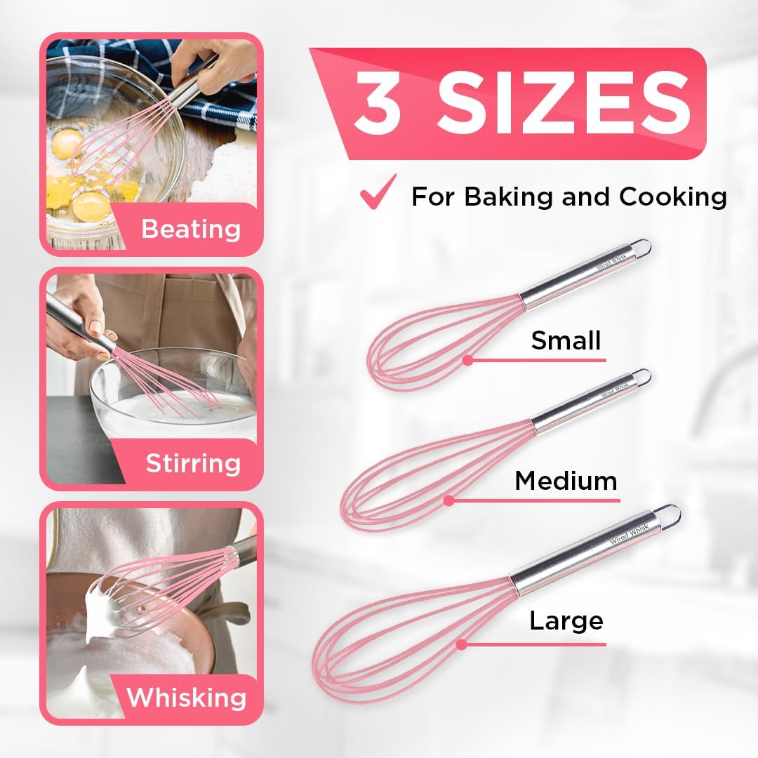 Silicone Whisk Set of 3 - wire whisk for Cooking Non-Scratch - whisks for cooking - Hand Whisk - whisker tool - wisking tool stainless