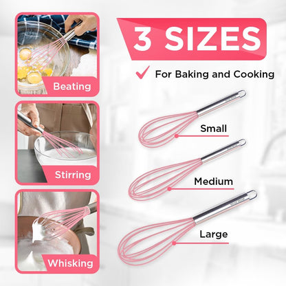 Silicone Whisk Set of 3 - wire whisk for Cooking Non-Scratch - whisks for cooking - Hand Whisk - whisker tool - wisking tool stainless