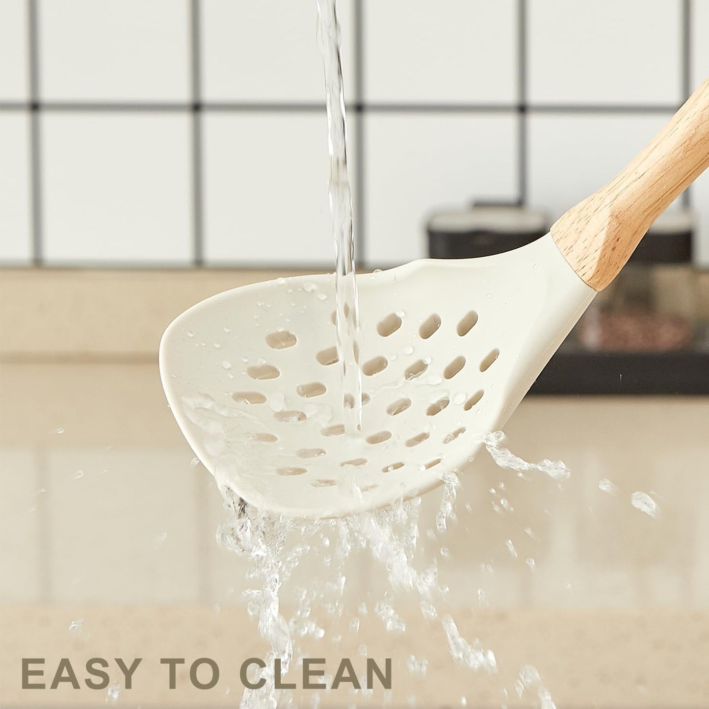 Kitchen Utensils Set - 34 PCS Non-Stick Silicone Cooking Utensils Set Spatula Set with Holder, Wooden Handle Spoon,Brush,Whisk Kitchen Gadgets Tools Set for Nonstick Cookware (Cream White-34P)