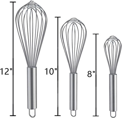 Whisks for Cooking, 3 Pack Stainless Steel Whisk for Blending, Whisking, Beating and Stirring, Enhanced Version Balloon Wire Whisk Set, 8"+10"+12"
