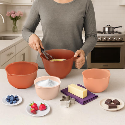 Glad Mixing Bowls with Pour Spout, Set of 4 - Nesting Plastic Bowls (1.2qt, 1.9qt, 2.8qt, and 3qt with Handle) - Non Slip Base, Dishwasher Safe Kitchen Cooking and Baking Supplies, Grey
