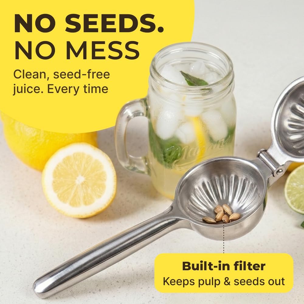 Large Lemon Squeezer Stainless Steel Press - Non-Slip Grip, Heavy Duty, Manual Design - Effortless Pro-Grade Lemon, Lime, Orange, and Citrus Fruit Hand Held Lemon Juicer Squeezer - No Seeds, Max Juice