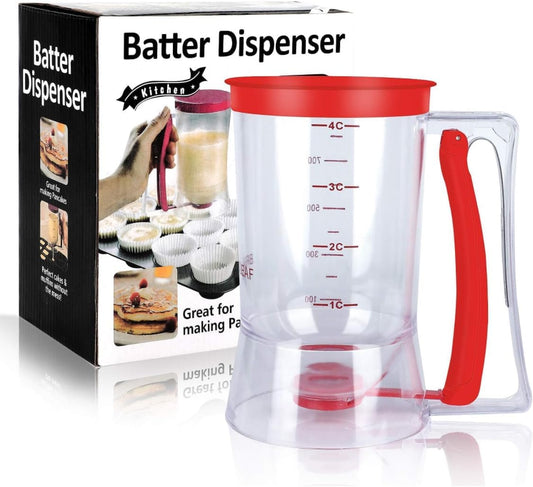 Leilanis Breadleaf Batter Dispenser for Pancakes, Waffles, Cookies, Cakes, Set 6 pcs Griddle BreakFast Kit Egg Rings and Oil Brush 4 Cup Capacity (Red)