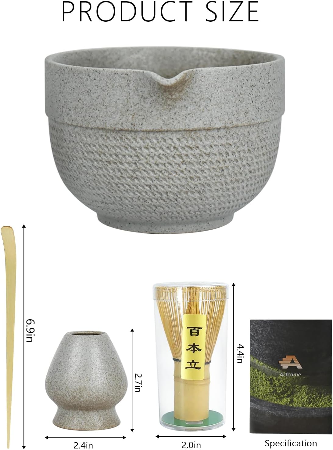 Artcome 4 Pcs Complete Matcha Ceremony Kit - Japanese Bowl With Pouring Spout, Whisk, Holder, Scoop - Tea Set for Making Usucha, Koicha and Latte (Green)