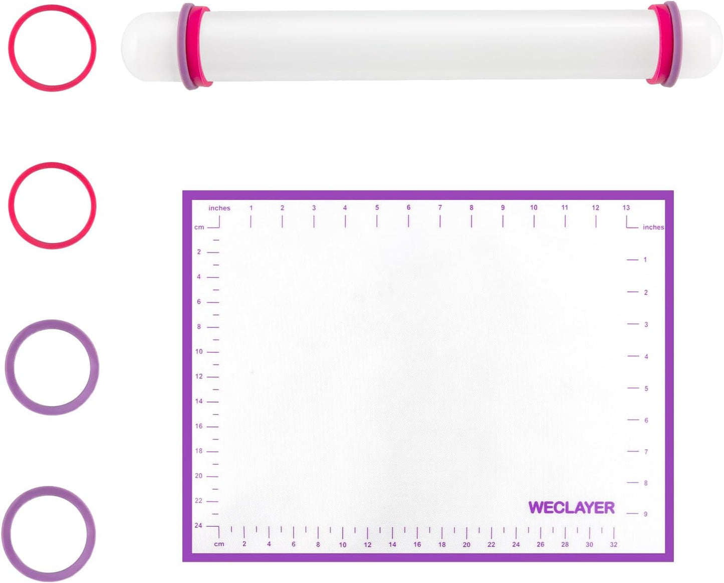 Clay Roller with Thickness Rings and 16" x 12" Silicone Clay Mat with Measurement,Oven-Safe Work Mat with Texture,Reusable Silicone Non-skid Pad,Clay Rolling Pin,Polymer Clay Tools