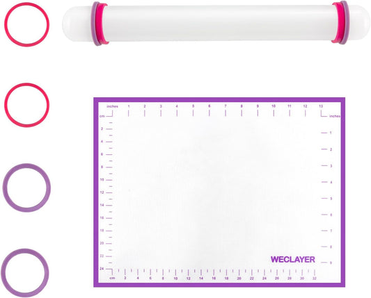 Clay Roller with Thickness Rings and 16" x 12" Silicone Clay Mat with Measurement,Oven-Safe Work Mat with Texture,Reusable Silicone Non-skid Pad,Clay Rolling Pin,Polymer Clay Tools