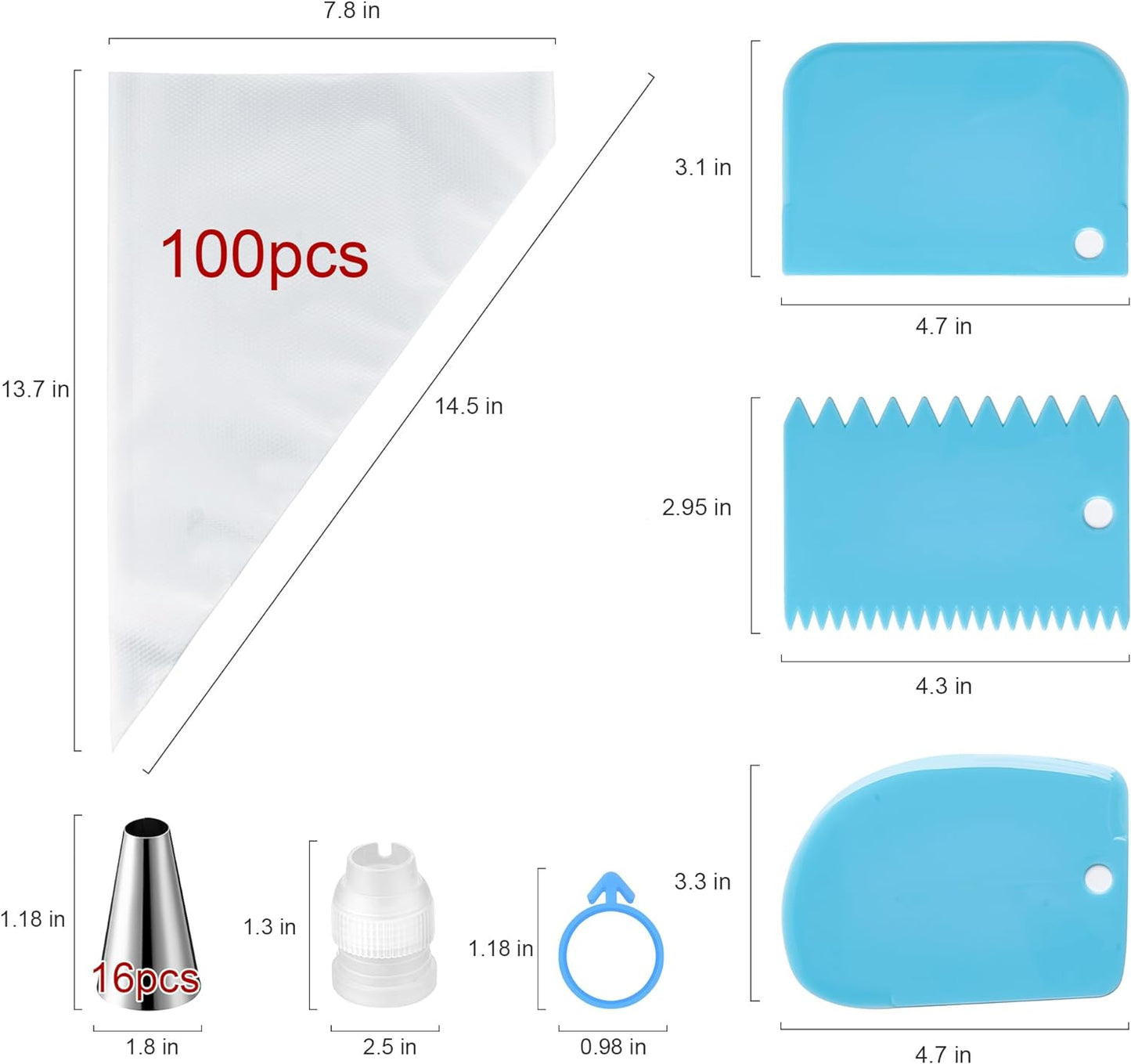 Piping Bags and Tips Set, Cakes Decorating Supplies Kit with 100pcs 12 Inch Pastry Bags, 16 Piping Tips, 3 Cake Scraper, 2 Couplers, 2 Bag Ties, Simple and Convenient Baking Supplies Set