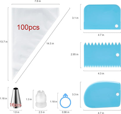 Piping Bags and Tips Set, Cakes Decorating Supplies Kit with 100pcs 12 Inch Pastry Bags, 16 Piping Tips, 3 Cake Scraper, 2 Couplers, 2 Bag Ties, Simple and Convenient Baking Supplies Set