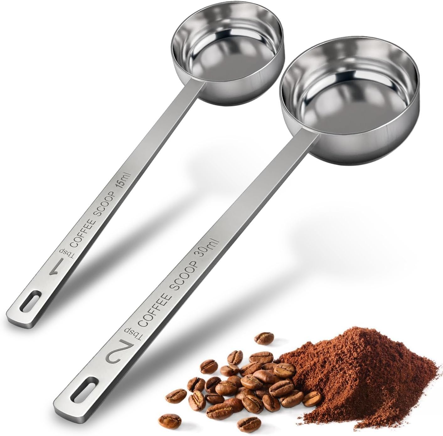 2PCS Stainless Steel Coffee Scoop Set - 1 tbsp (15ml) & 2 tbsp (30ml) Long Handle Ground Coffee Measuring Spoons 1&2 Tablespoon Scoop for Tea, Spices, Protein Powder, Kitchen & Barista Tools