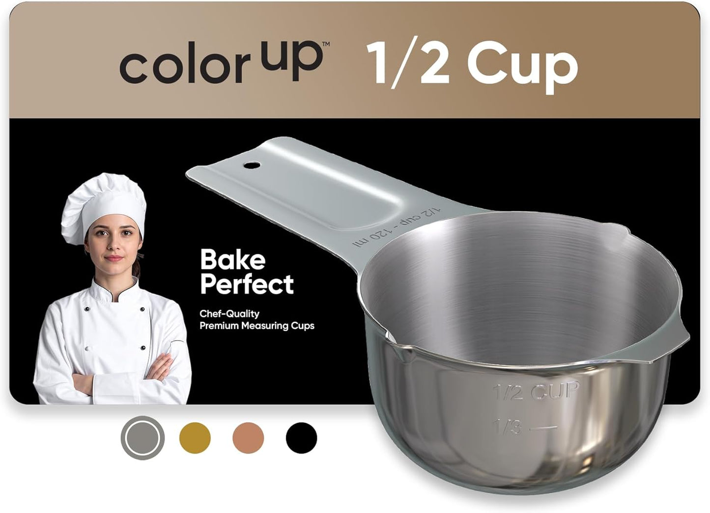 Color Up 2 Cup Measuring Cup, 480ml Stainless Steel Metal, Easy-Pour Spouts, Engraved Markings, Flat Base, Dishwasher Safe, for Dry and Liquid Ingredients