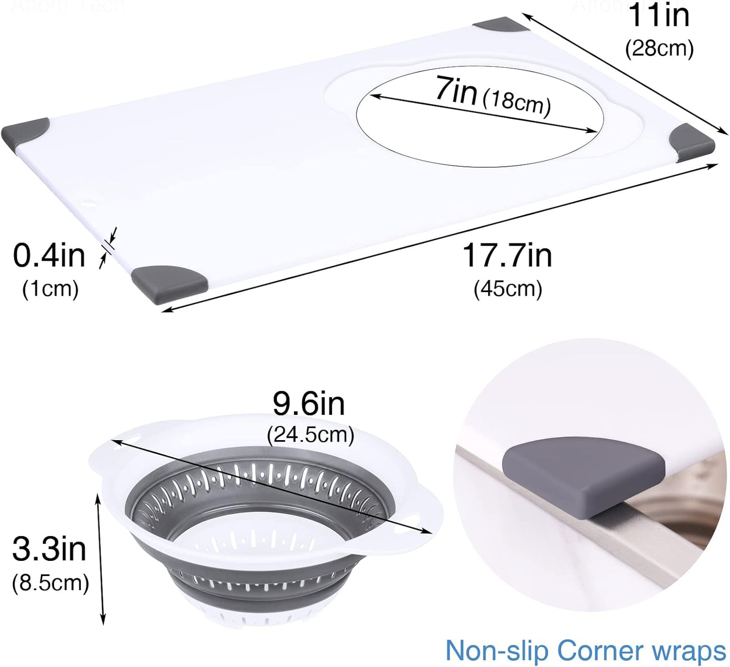 NiHome Over the Sink Cutting Board with Collapsible Colander, 2-In-1 Sink Drainer Board 11"x17.7" Anti-Slip Cutting Board and Detachable Draining Basket with Ergonomic Handle PP Plastic and TPR Rubber