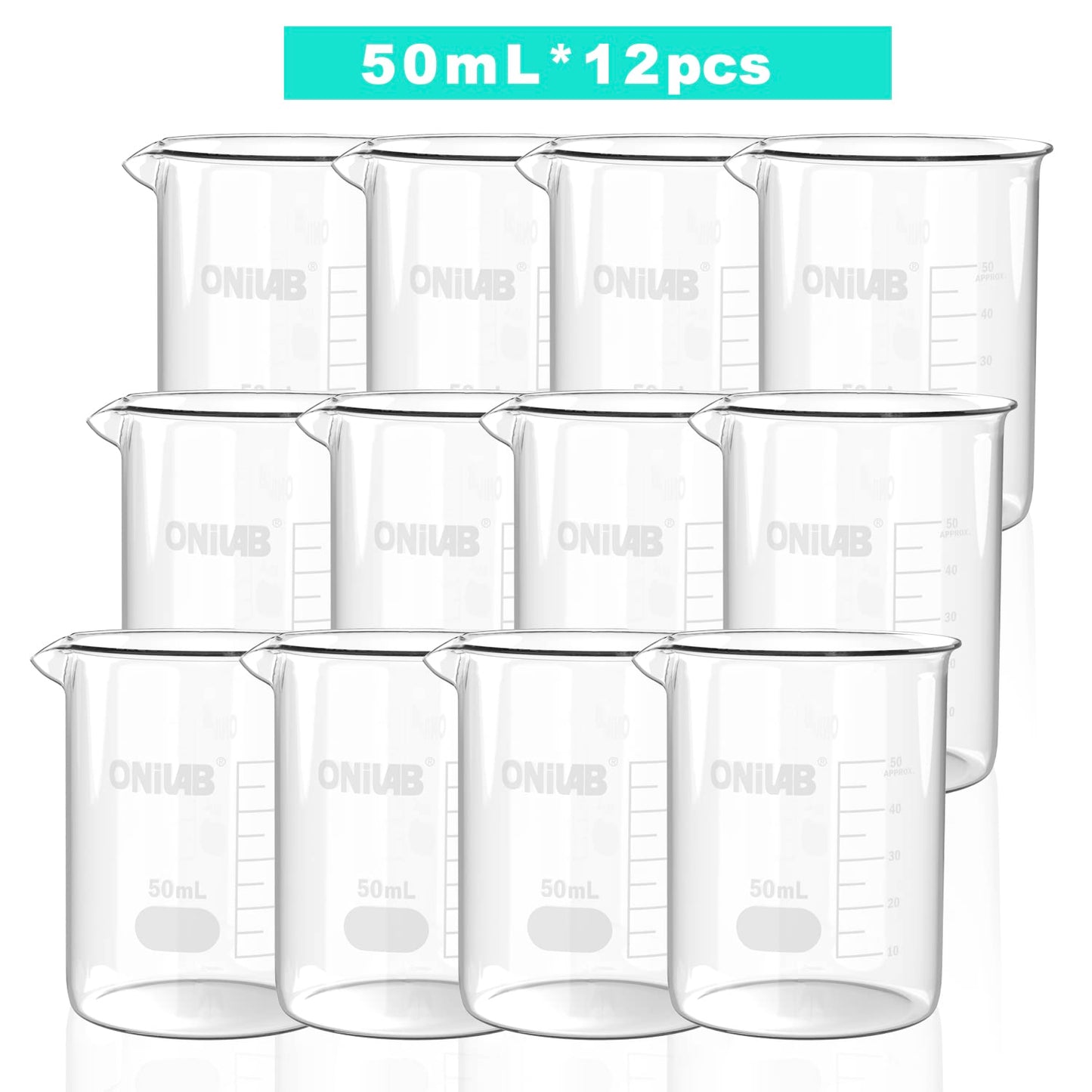 ONiLAB Glass Measuring Beaker Set 50ml 100ml 250ml 500ml 1000ml(Pack of 5) 3.3 Boro Griffin Low Form with Printed Graduation Scientific Glassware for Laboratories, Classrooms or Home Use