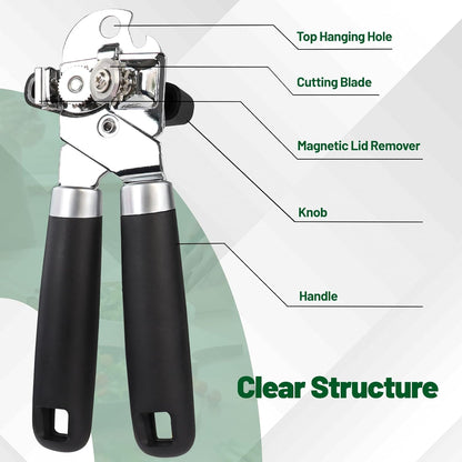 Can Opener Multifunction Manual Can Opener Features Black Stainless Steel Construction Open Can Beer Bottle with Magnetic Function for Daily Kitchen Use Seniors and Arthritis Hands