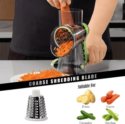 Rotary Cheese Grater with 3 Stainless Steel Blades – Manual Cheese, Vegetable, Nuts Slicer & Shredder with Strong Suction Base, Round mandoline slicer & Food Chopper - Hand Crank Grater with Handle