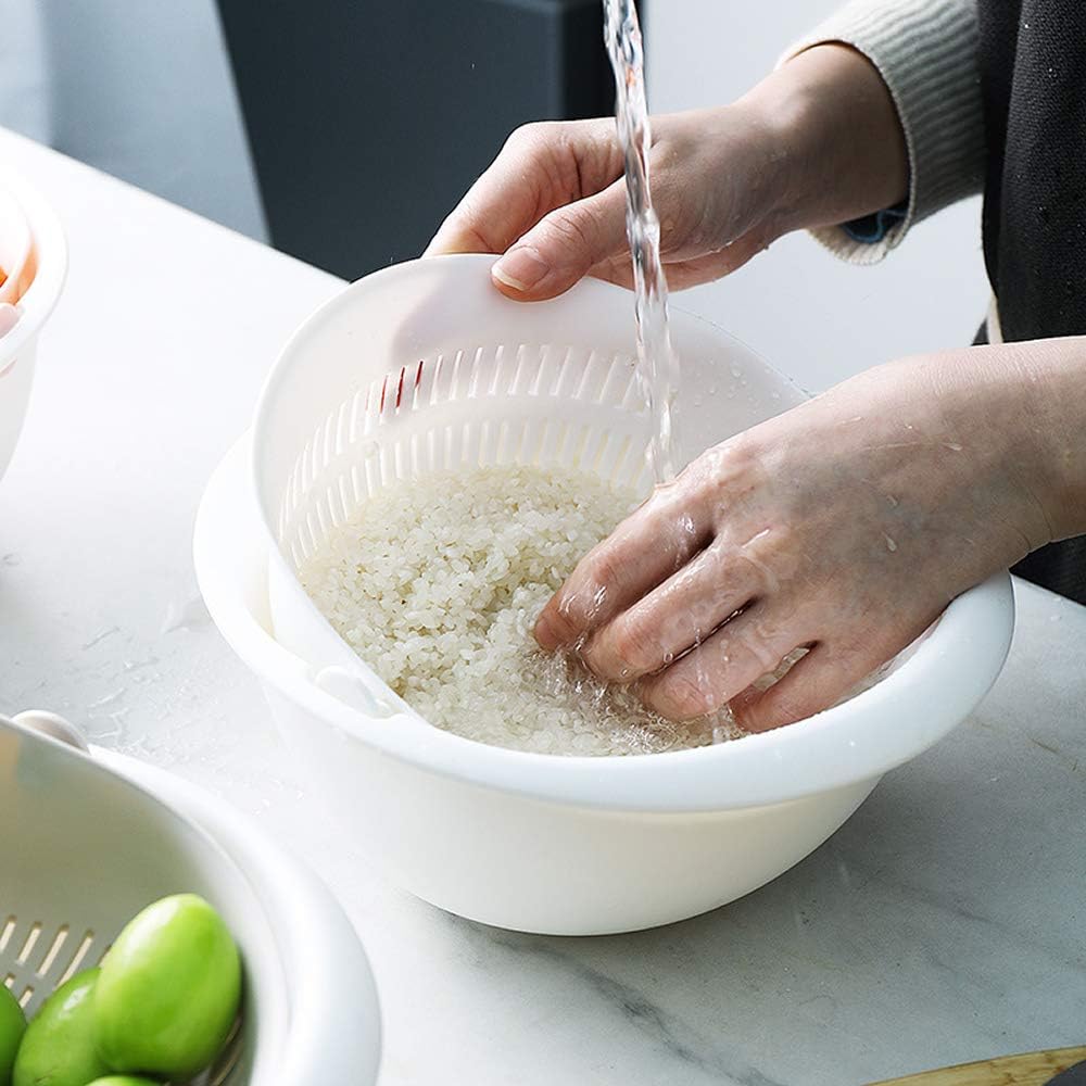 Double Layer Swivel Drainer 2 in 1 Bowl Strainer Combo - Kitchen Colander Fruit Wash Strainer for Cleaning Veggies, Noodles (Beige)