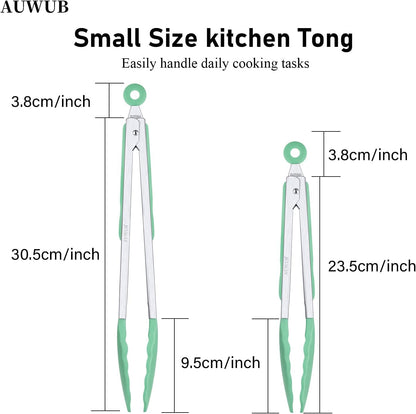 9+12 Inch Blue Salad Tongs 2-Piece Set, Silicone with 304 Stainless Steel Core & Non-Slip Grip, Kitchen Utensils for Grilling Salad