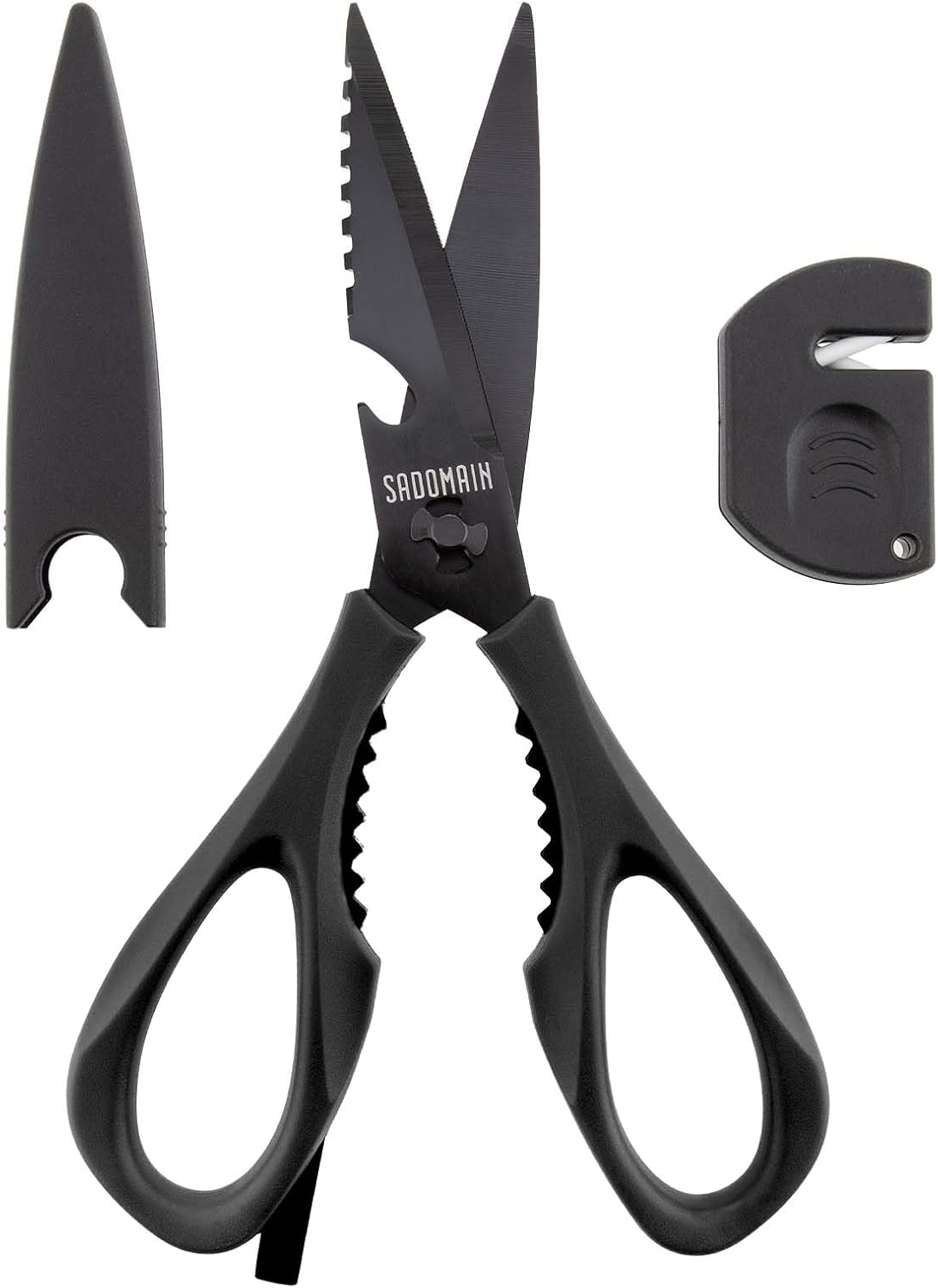 Kitchen Scissors All Purpose, Extra Sharp Kitchen Shears with Knife Sharpener & Sheath, Solid & Durable Stainless Steel Scissors with ANTI-RUST Black Titanium Plated, Dishwasher Safe - Green